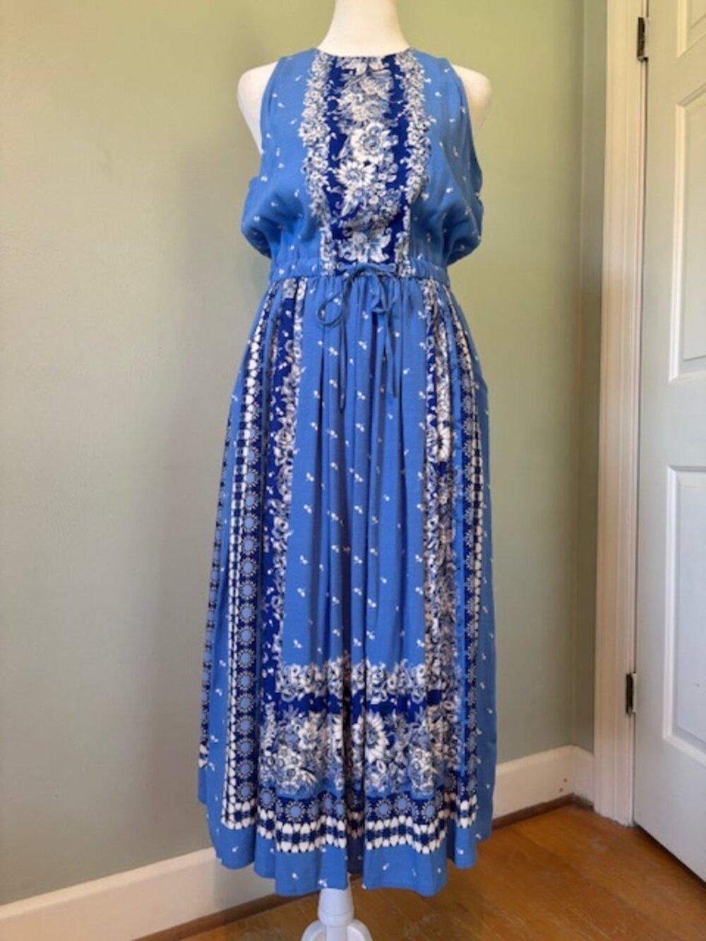 NWOT LOFT Boho Blue Border Print Cutout Back Midi Dress w/Pockets Size SP